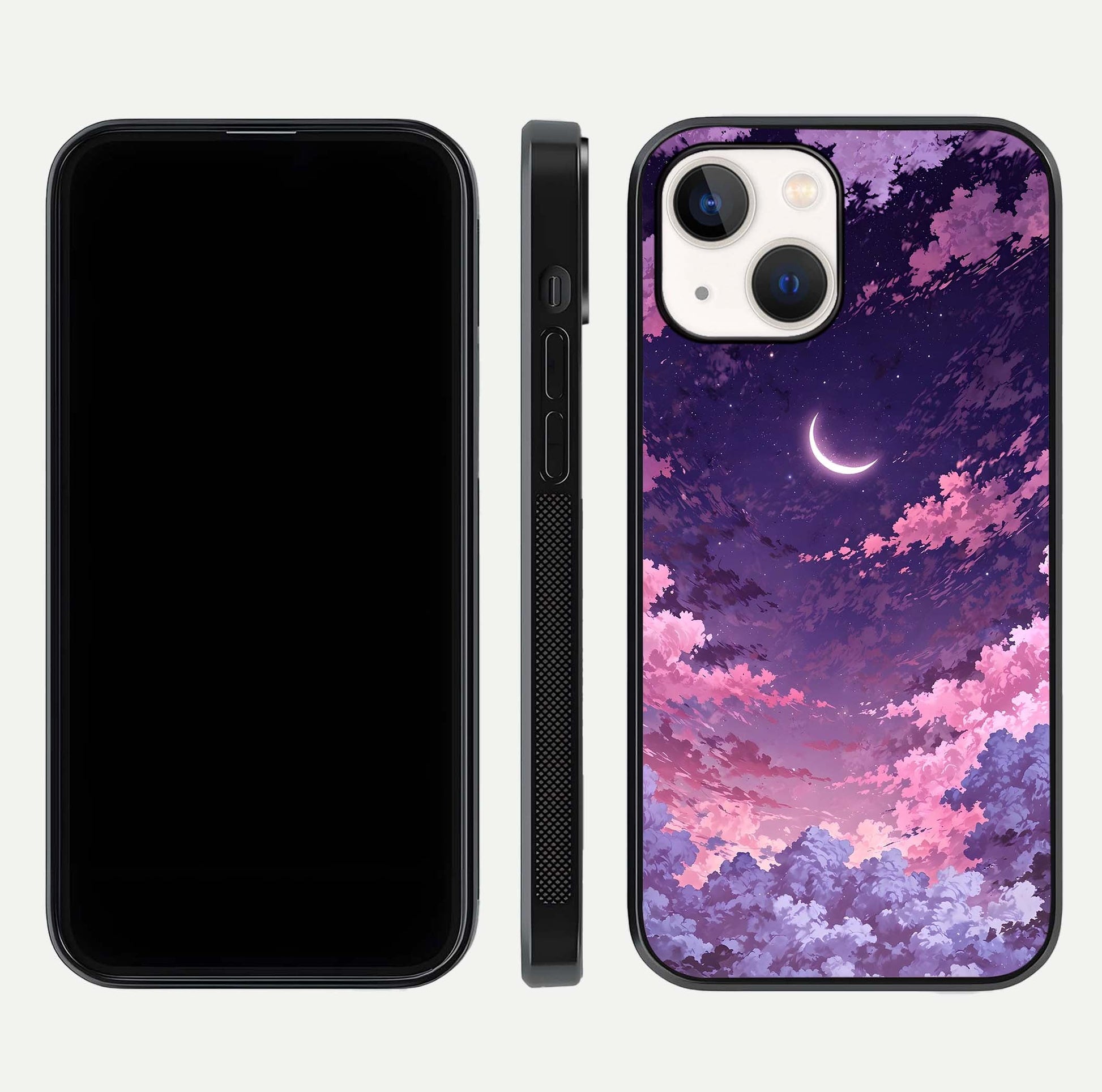 Sky Drift Clouds Glass Case for iPhone 14 front & back layout showing sky tones and smooth edge design