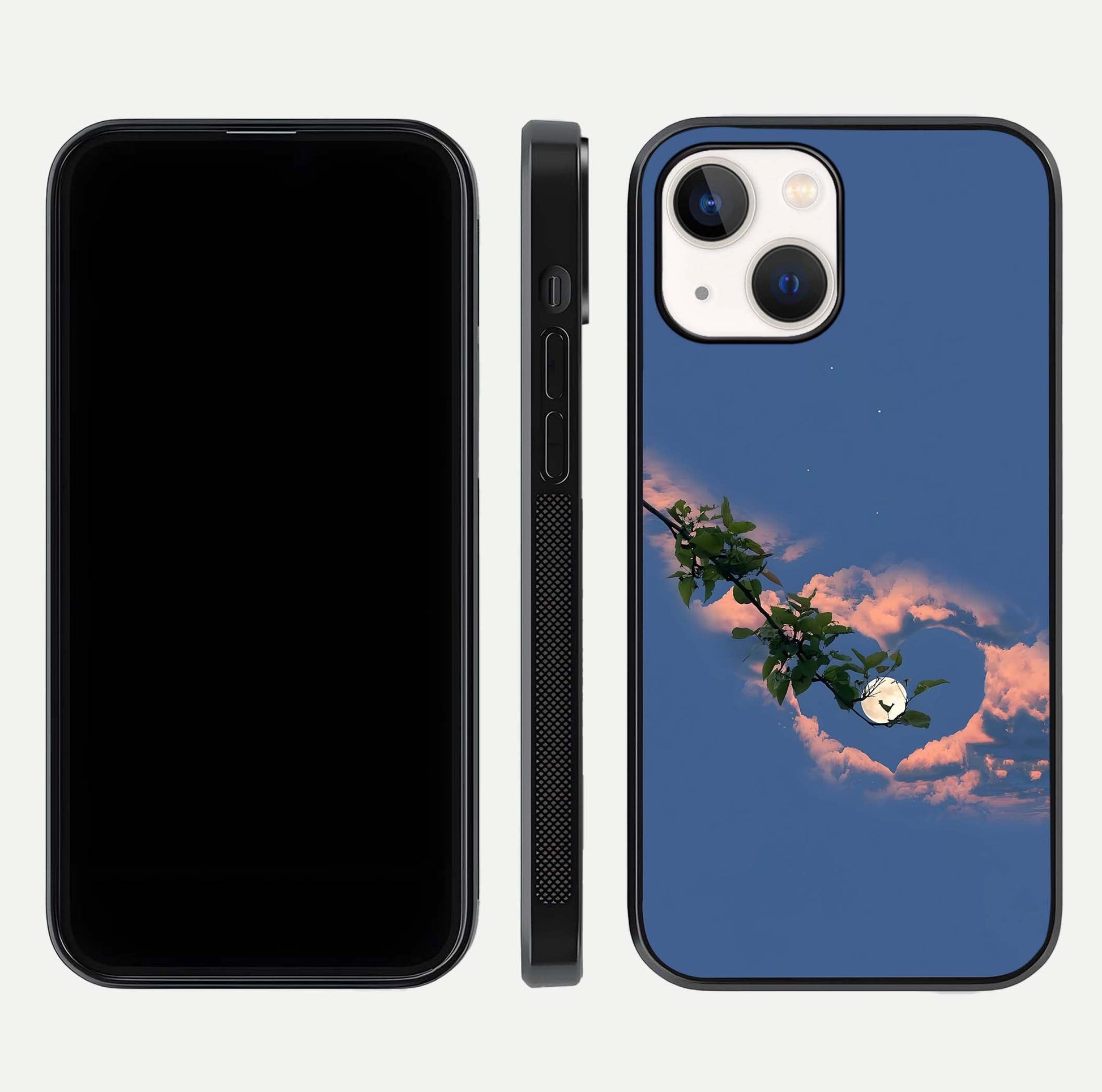 Sky Under Tree Glass Case for iPhone 14 front & back layout showing sky tones and curved glass edge