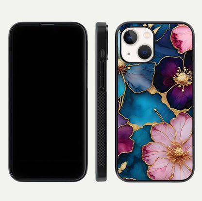 Sparkle Floral Glass Case for iPhone 14 front & back layout showing floral print and edge clarity
