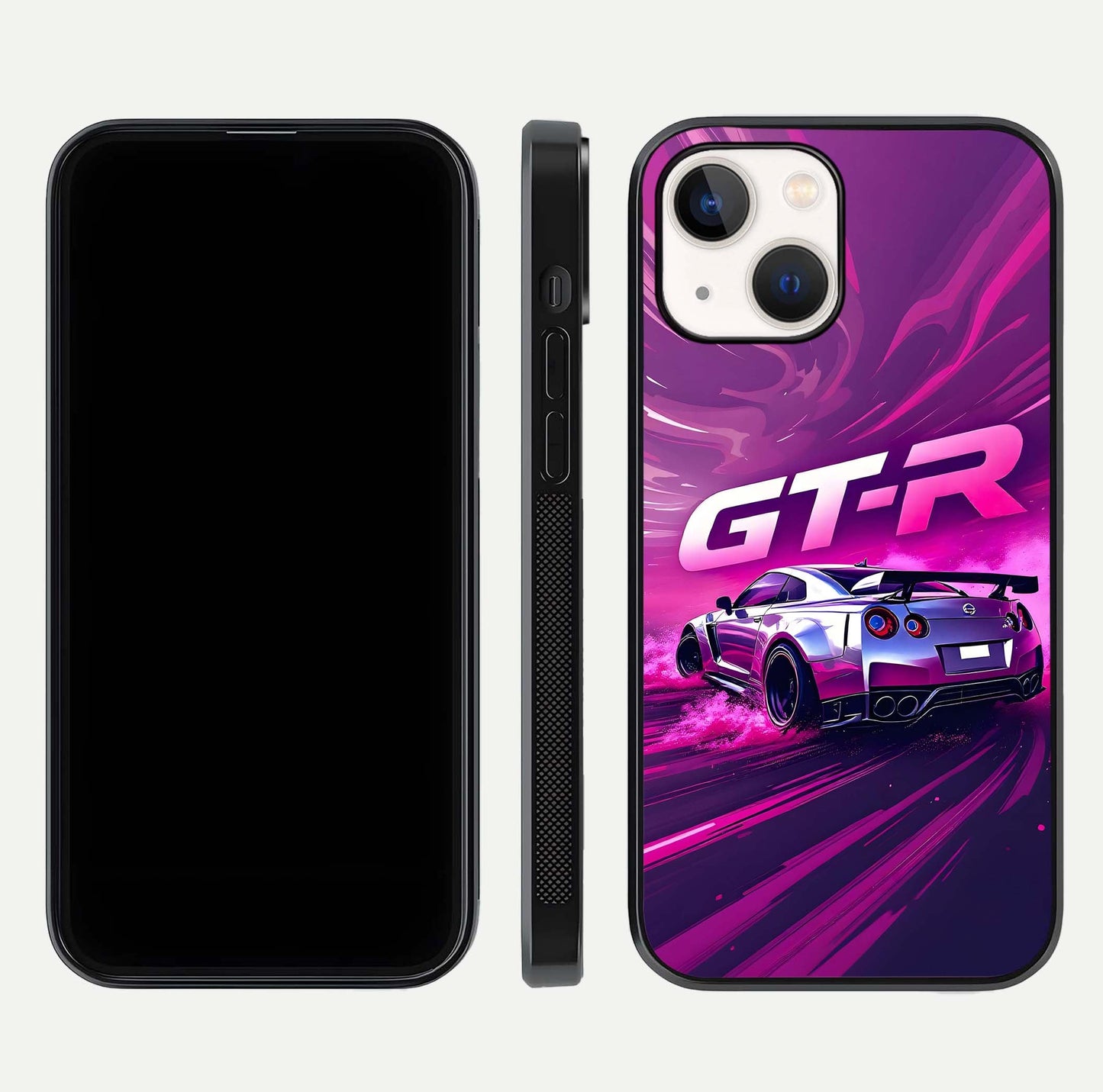 Speed Drift Legend Glass Case for iPhone 14 front & back layout showing bold tones and smooth edges