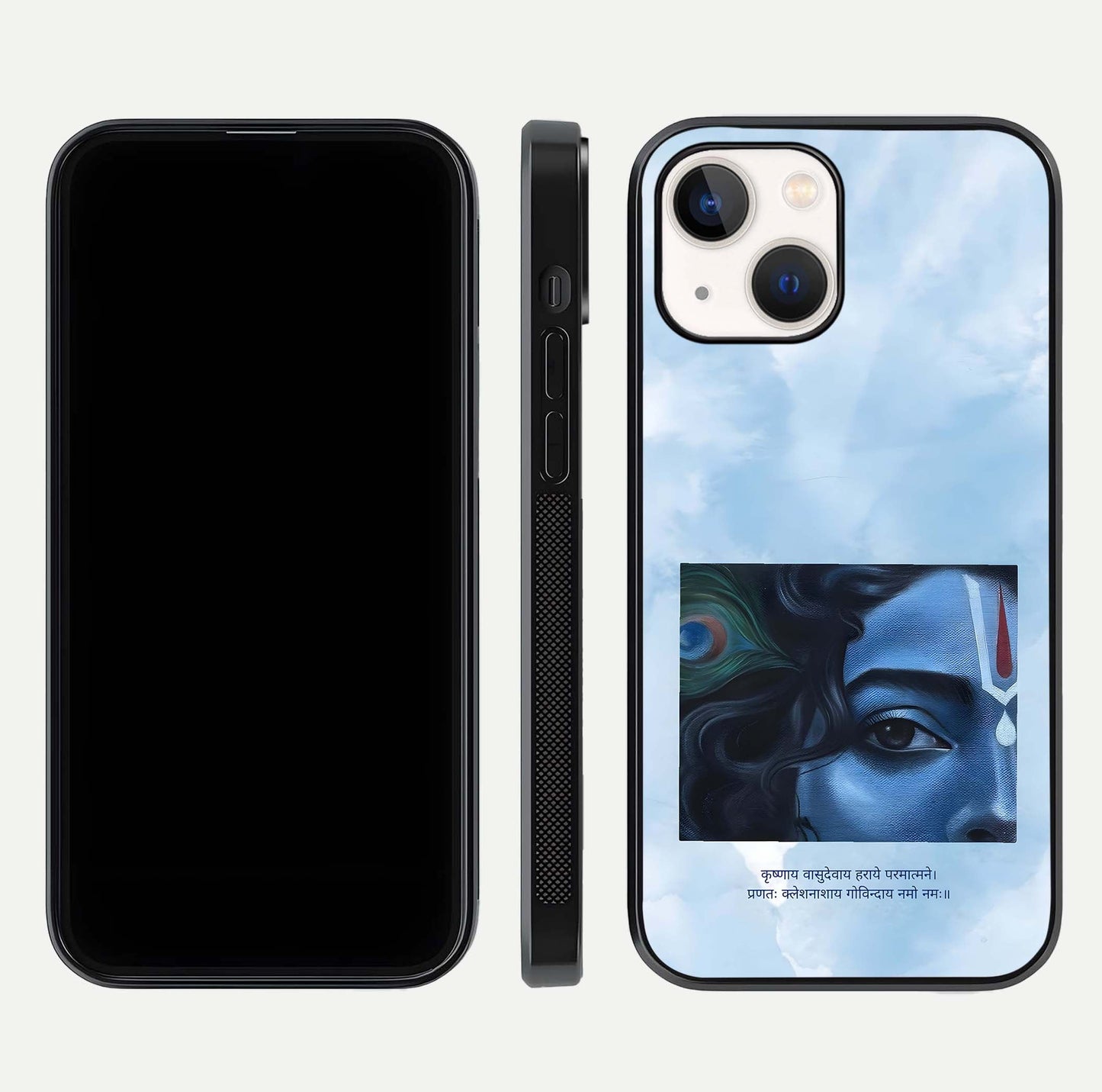 Spiritual Krishna Glass Case for iPhone 16 Pro front & back layout showing spiritual artwork and clean edge