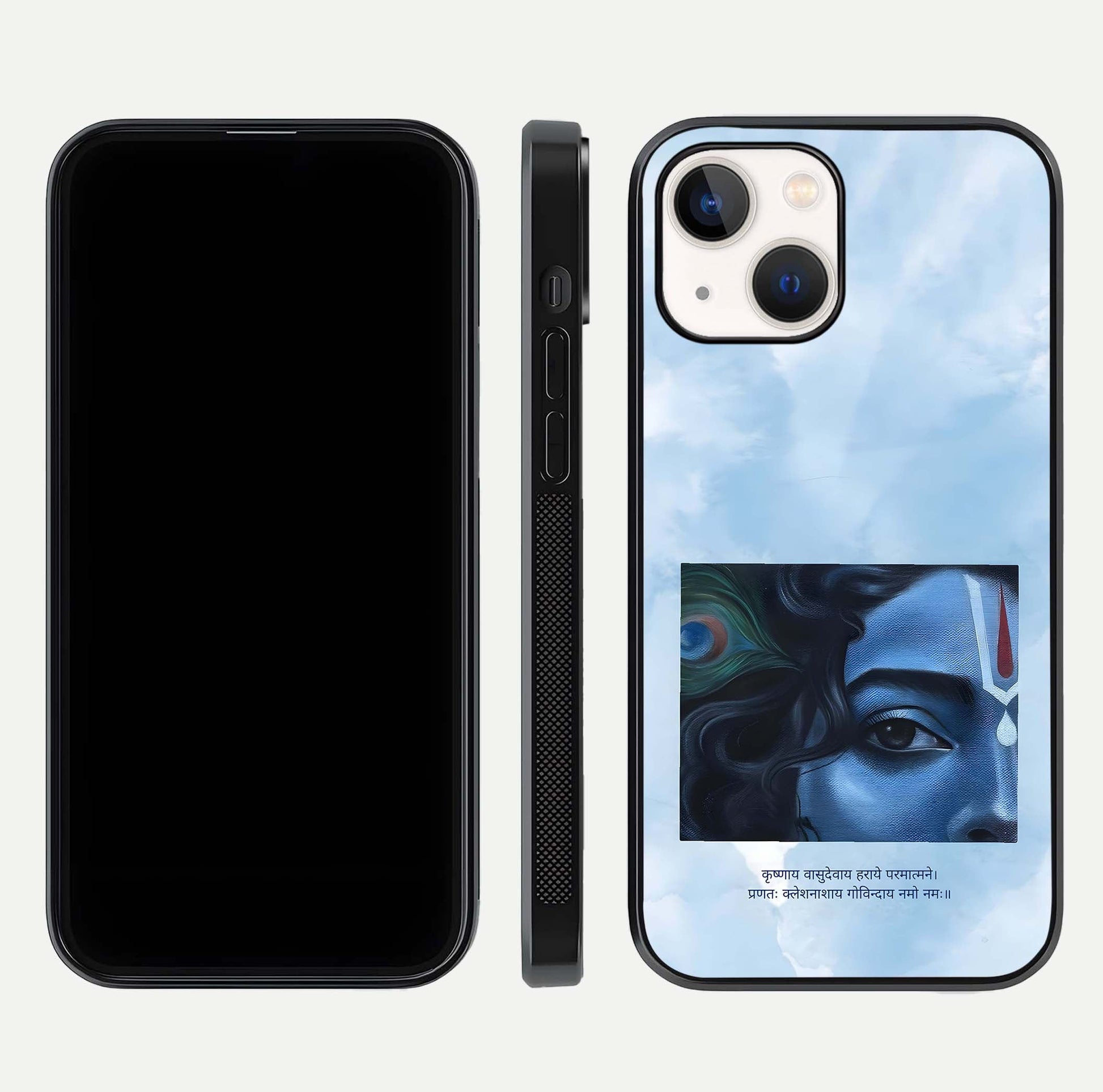 Spiritual Krishna Glass Case for iPhone 16 Pro front & back layout showing spiritual artwork and clean edge