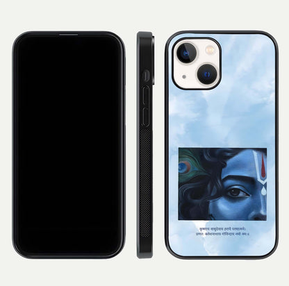 Spiritual Krishna Glass Case for iPhone 16 Pro front & back layout showing spiritual artwork and clean edge