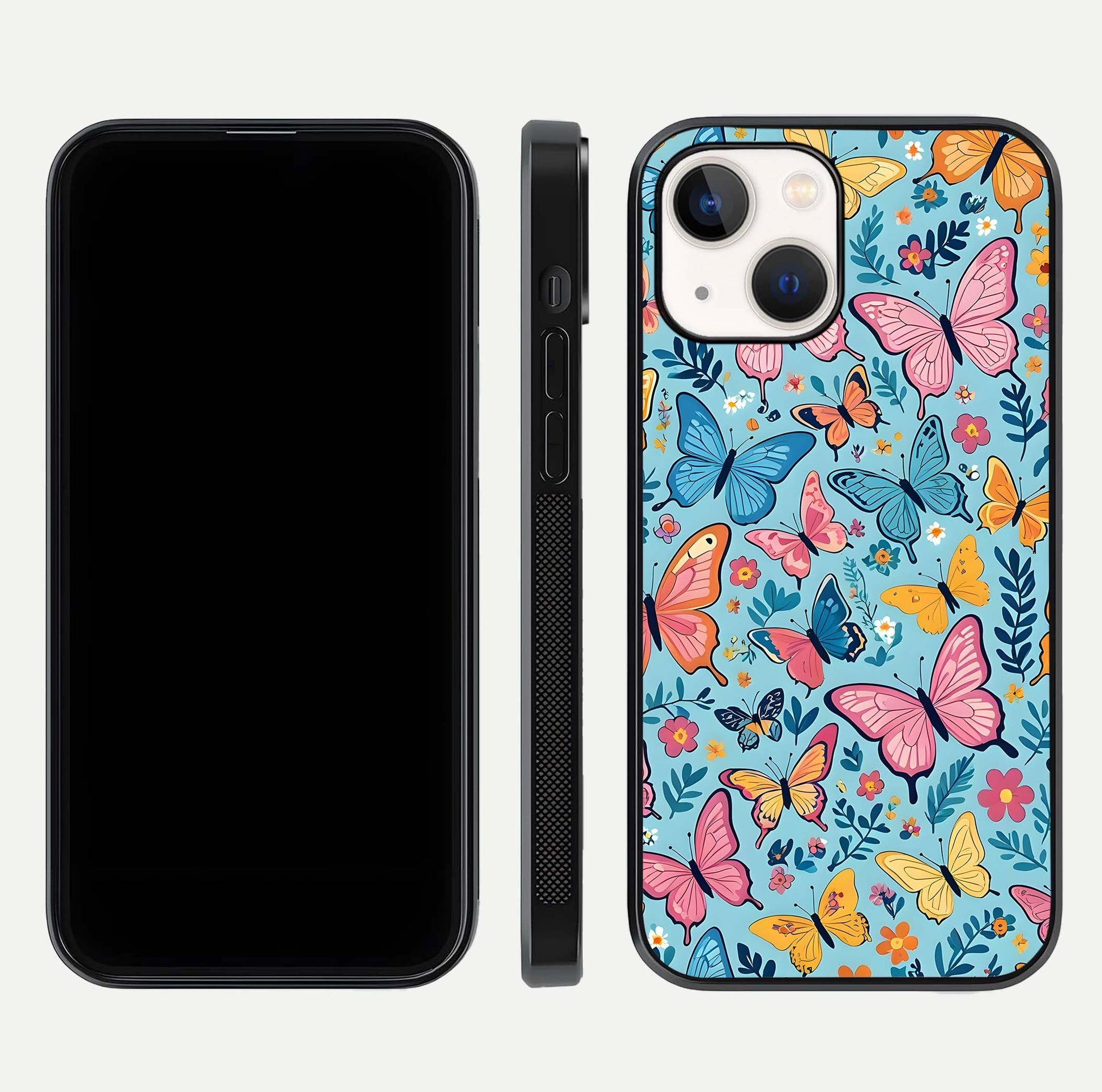 Spring Wing Garden Glass Case for iPhone 14 front & back layout showing soft tones and elegant glass design