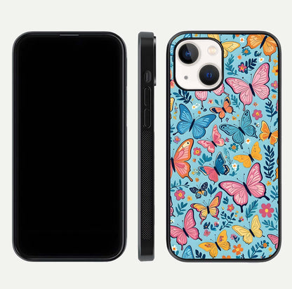 Spring Wing Garden Glass Case for iPhone 14 front & back layout showing soft tones and elegant glass design