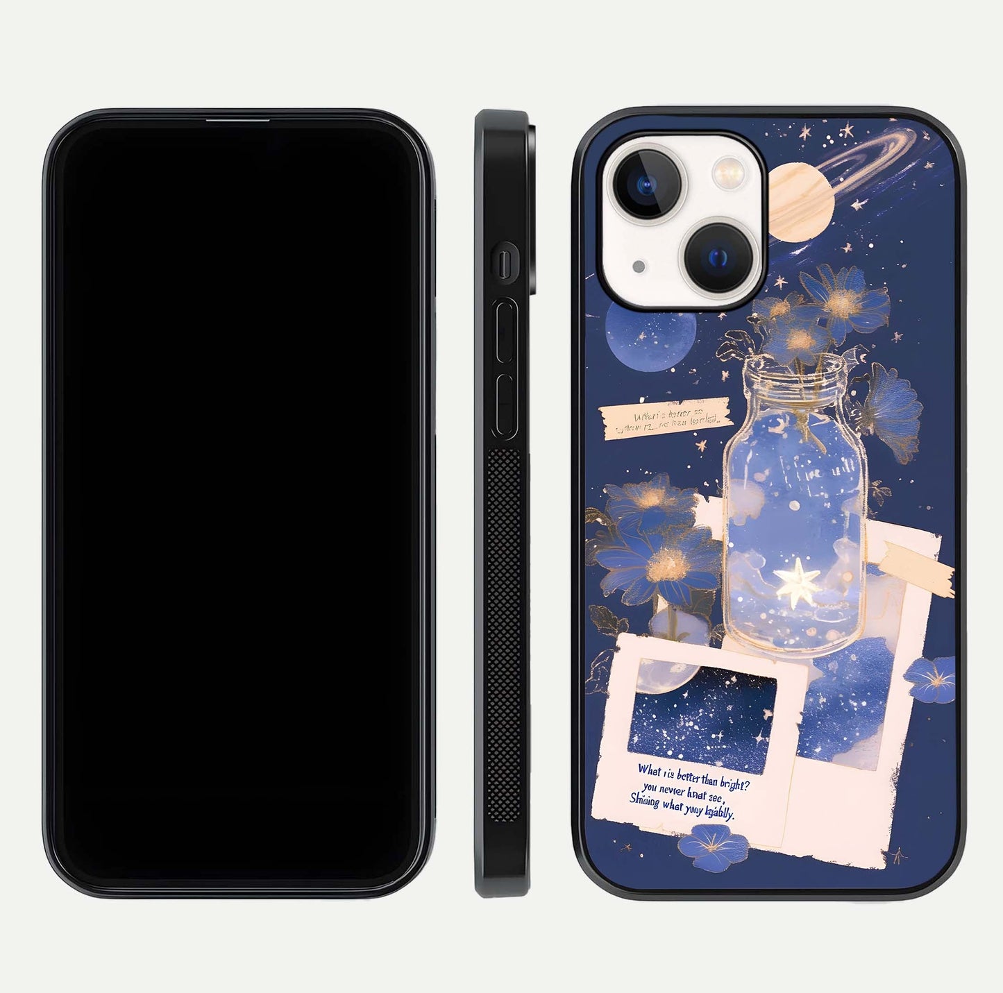 Starlit Cosmic Jar Glass Case for iPhone 14 front & back layout showing cosmic pattern and curved glass edge