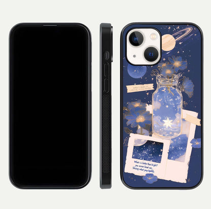 Starlit Cosmic Jar Glass Case for iPhone 14 front & back layout showing cosmic pattern and curved glass edge