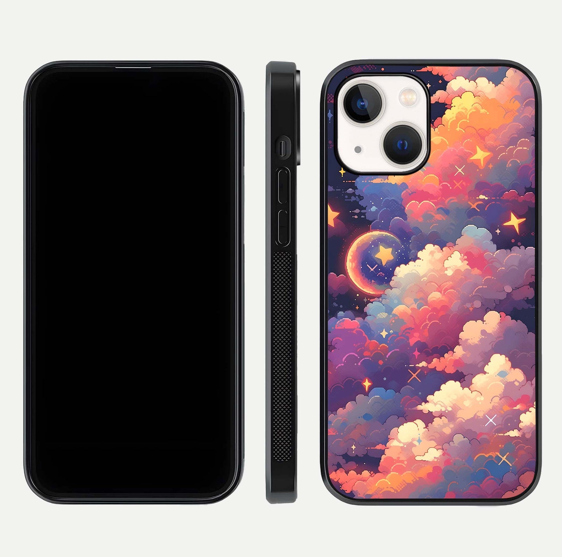 Starlit Dream Clouds Glass Case for iPhone 14 front & back layout showing gradient tones and smooth edge