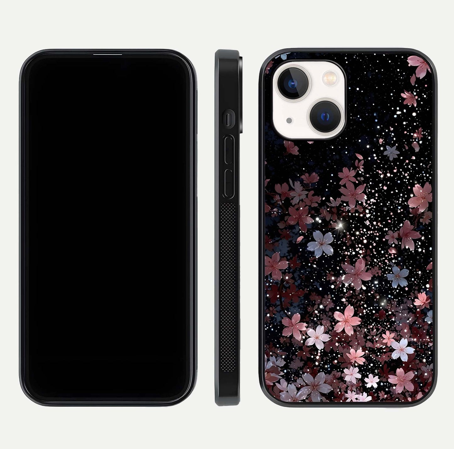 Starlit Flower Dreams Glass Case for iPhone 14 front & back layout showing soft bloom design and curved edge