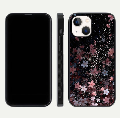 Starlit Flower Dreams Glass Case for iPhone 14 front & back layout showing soft bloom design and curved edge