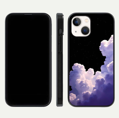 Starlit Night Whispers Glass Case for iPhone 14 front & back layout showing moon tones and curved edges