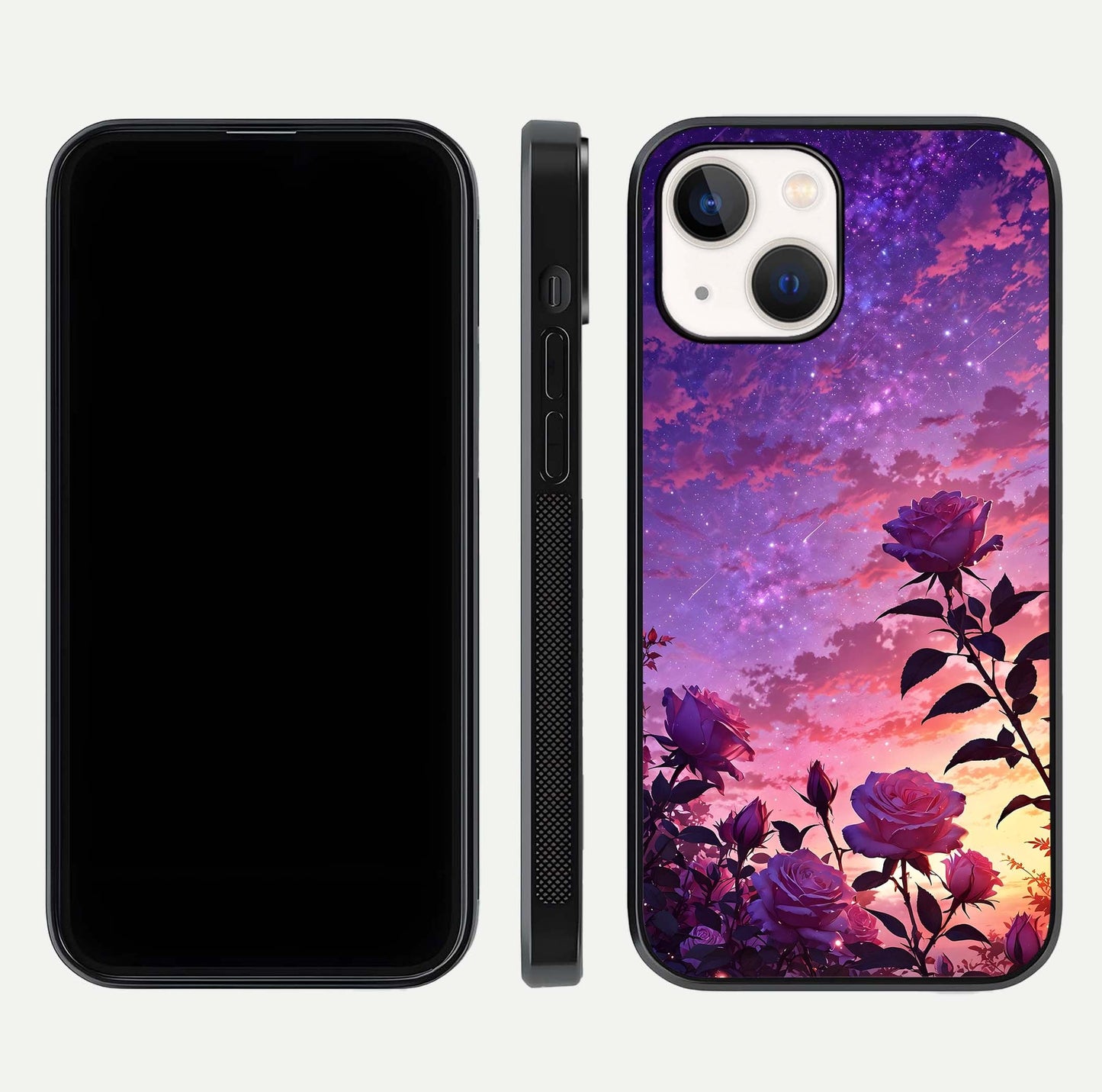 Starlit Rose Twilight Glass Case for iPhone 14 front & back layout showing floral blend and glossy edge