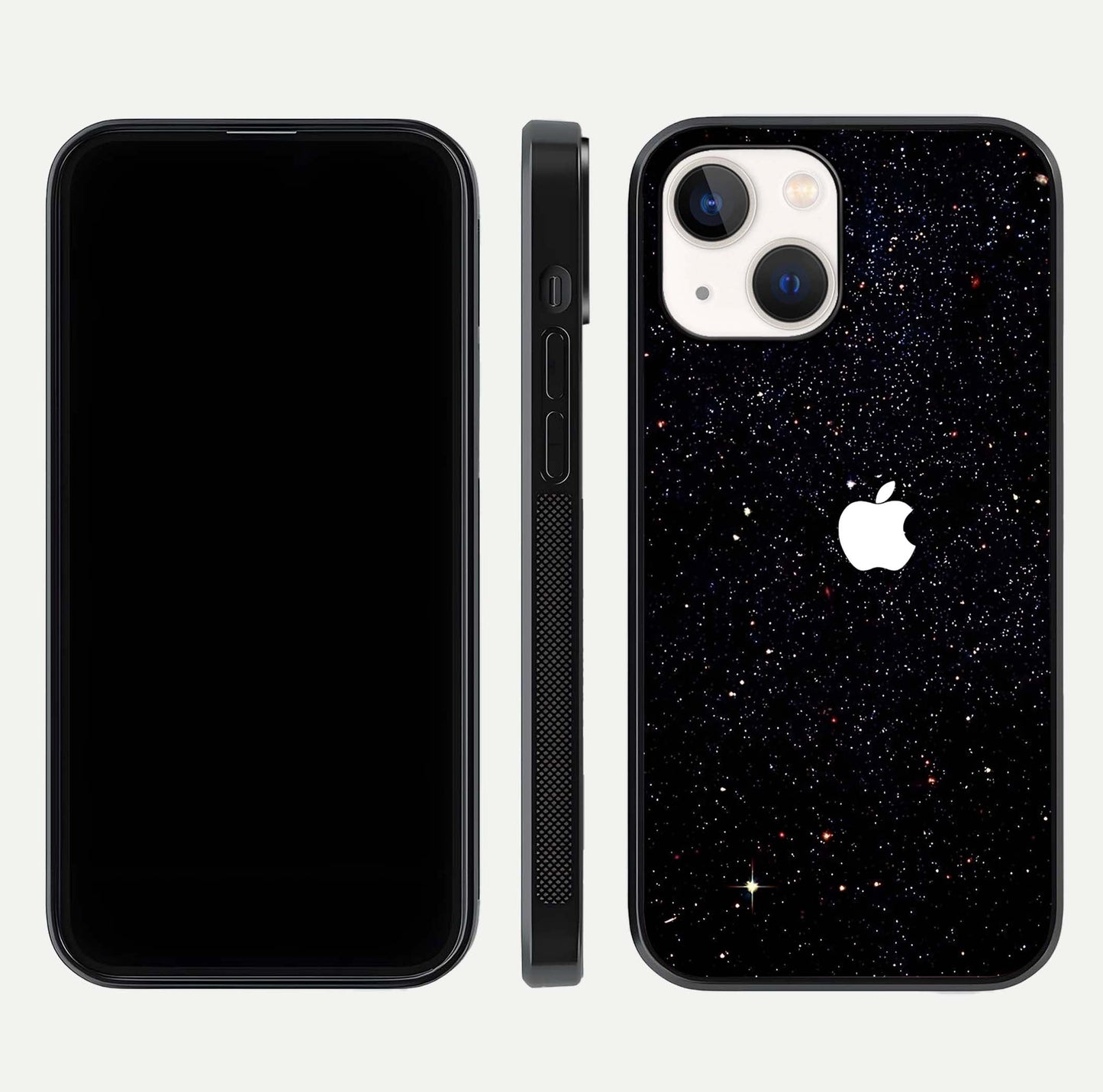 Starry Apple Galaxy Glass Case for iPhone 14 front & back layout showing cosmic tones and sleek edge