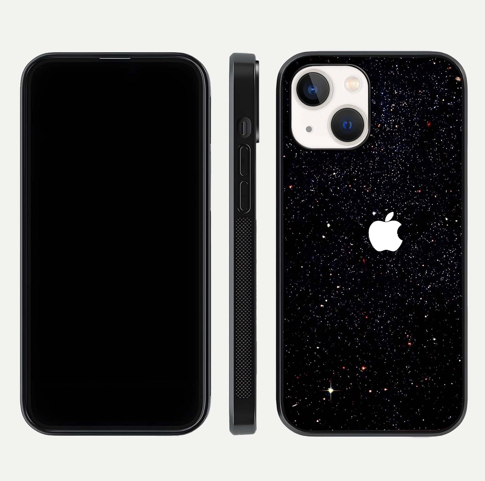 Starry Apple Galaxy Glass Case for iPhone 14 front & back layout showing cosmic tones and sleek edge