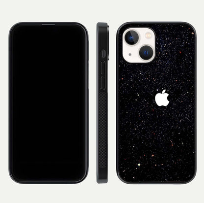 Starry Apple Galaxy Glass Case for iPhone 14 front & back layout showing cosmic tones and sleek edge