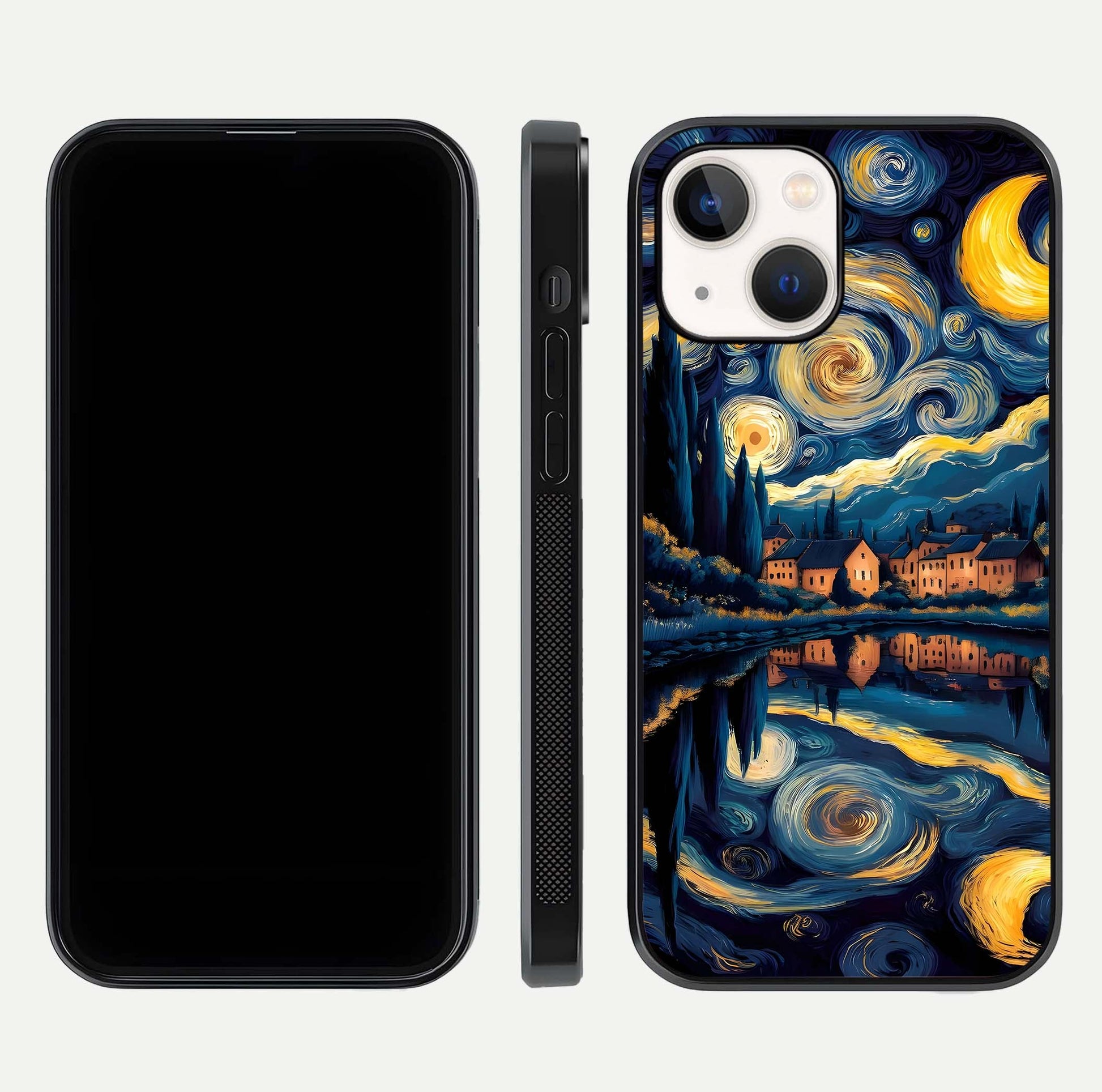 Starry Sky Serenity Glass Case for iPhone 14 front & back layout showing stars and curved glass edges