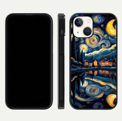 Starry Sky Serenity Glass Case for iPhone 14 front & back layout showing stars and curved glass edges