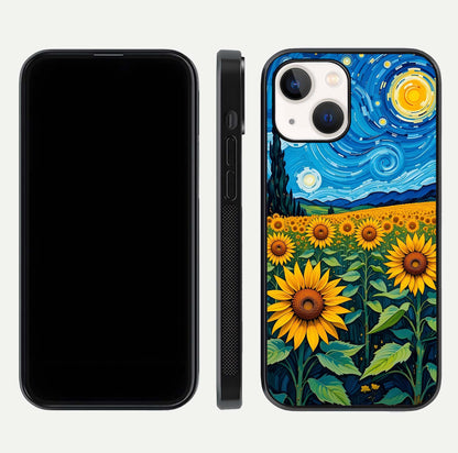 Starry Sunflower Dreams Glass Case for iPhone 14 front & back layout showing floral blend and edge detail