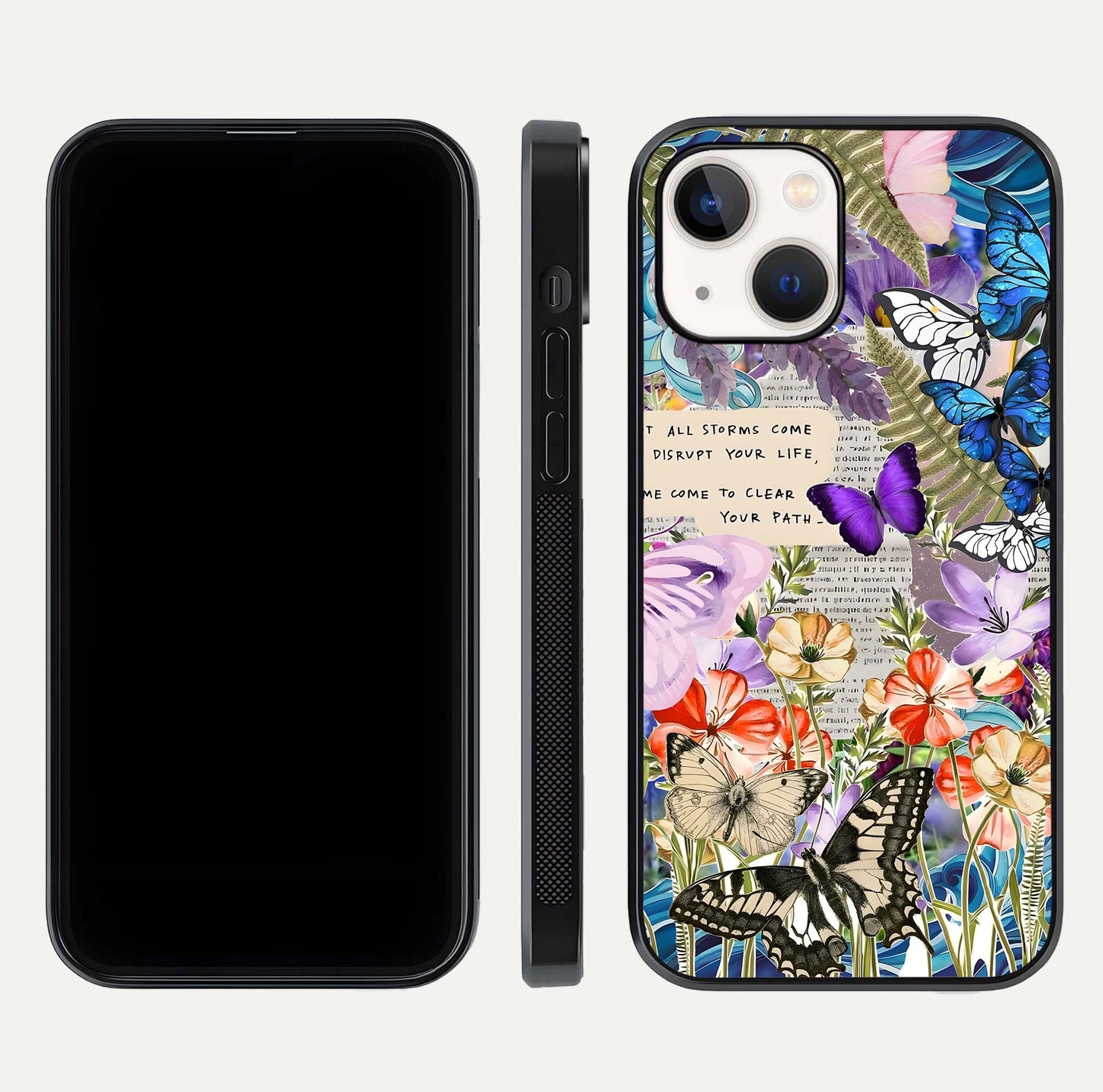 Storm Path Bloom Glass Case for iPhone 14 front & back layout showing moody floral blend and edges