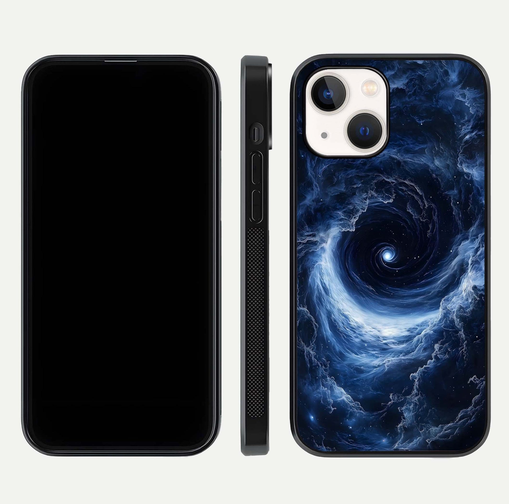 Stunning Galaxy Glass Case for iPhone 14 front & back layout showing deep cosmic hues and clean edges