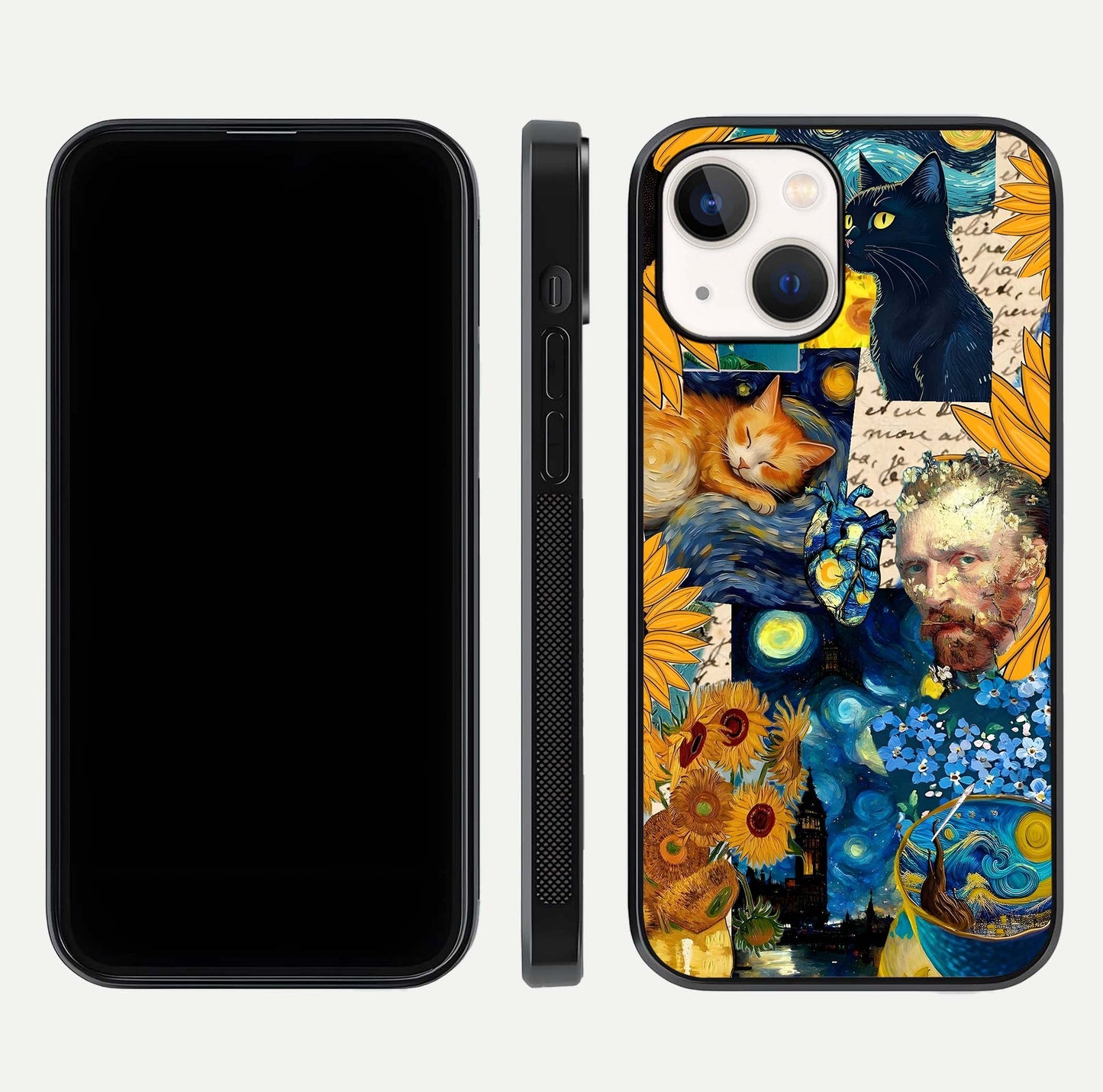 Sunflower Cat Art Glass Case for iPhone 14 front & back layout showing detailed floral cat design and edges