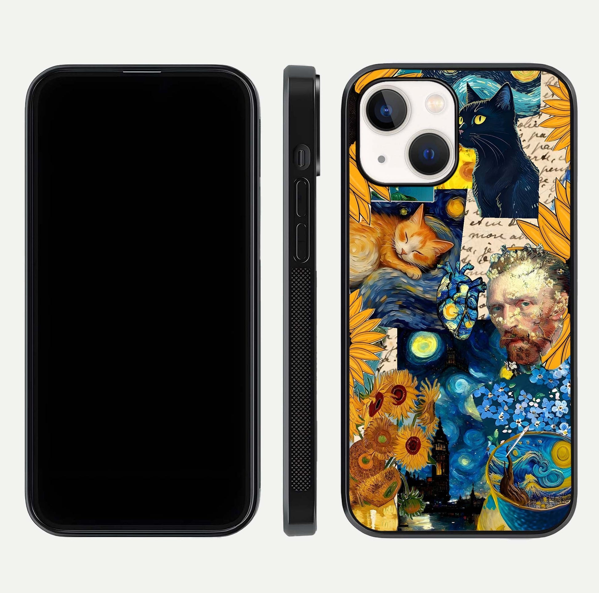 Sunflower Cat Art Glass Case for iPhone 14 front & back layout showing detailed floral cat design and edges
