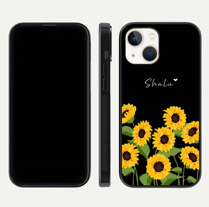 Sunflower Chic Mood Custom Name Glass Case for iPhone 16 Pro front & back layout highlighting custom text zone and shine