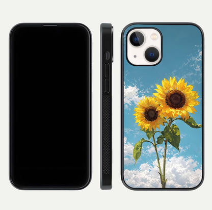 Sunflower Sky Bloom Glass Case for iPhone 14 front & back layout showing soft blue tones and flower contrast