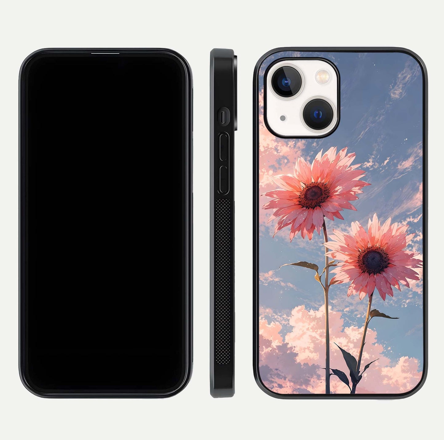 Sunlit Daisy Glow Glass Case for iPhone 14 front & back layout showing vibrant sunlight hues and clean edge