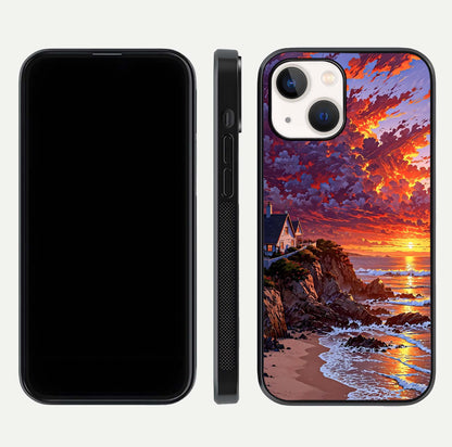 Sunset House by Sea Glass Case for iPhone 14 front & back layout showing scenic gradient and curved edge