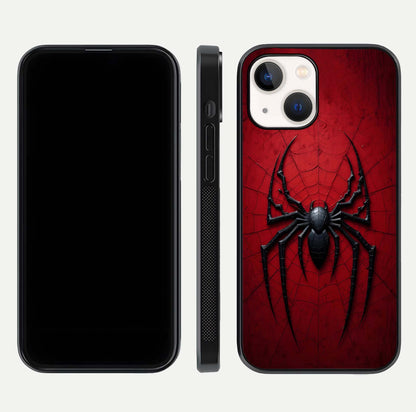 Venom Web Emblem Glass Case for iPhone 14 front & back layout showing contrast art and curved glass edges