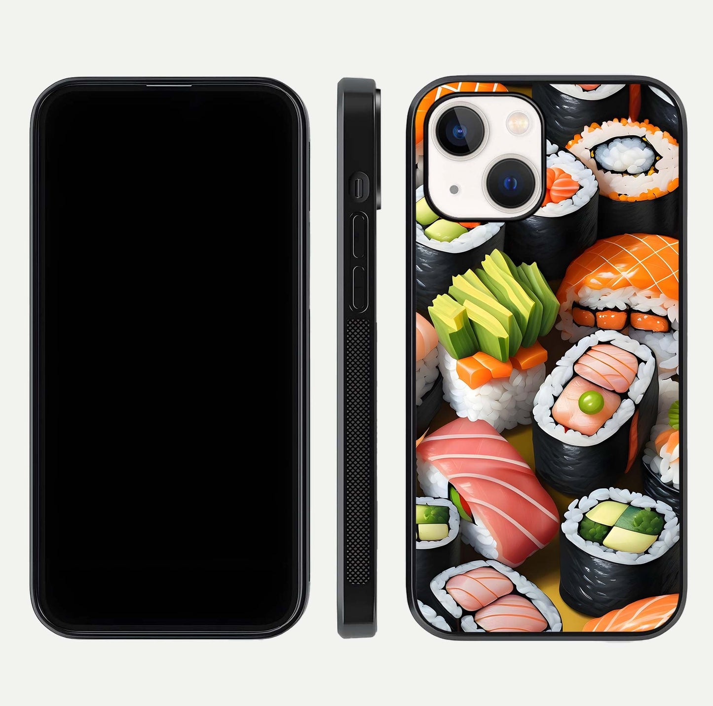 Sushi Food Pattern Glass Case for iPhone 14 front & back layout showing playful food theme and clear edges
