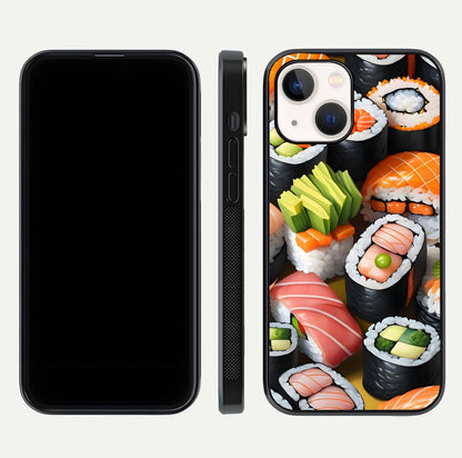 Sushi Food Pattern Glass Case for iPhone 14 front & back layout showing playful food theme and clear edges