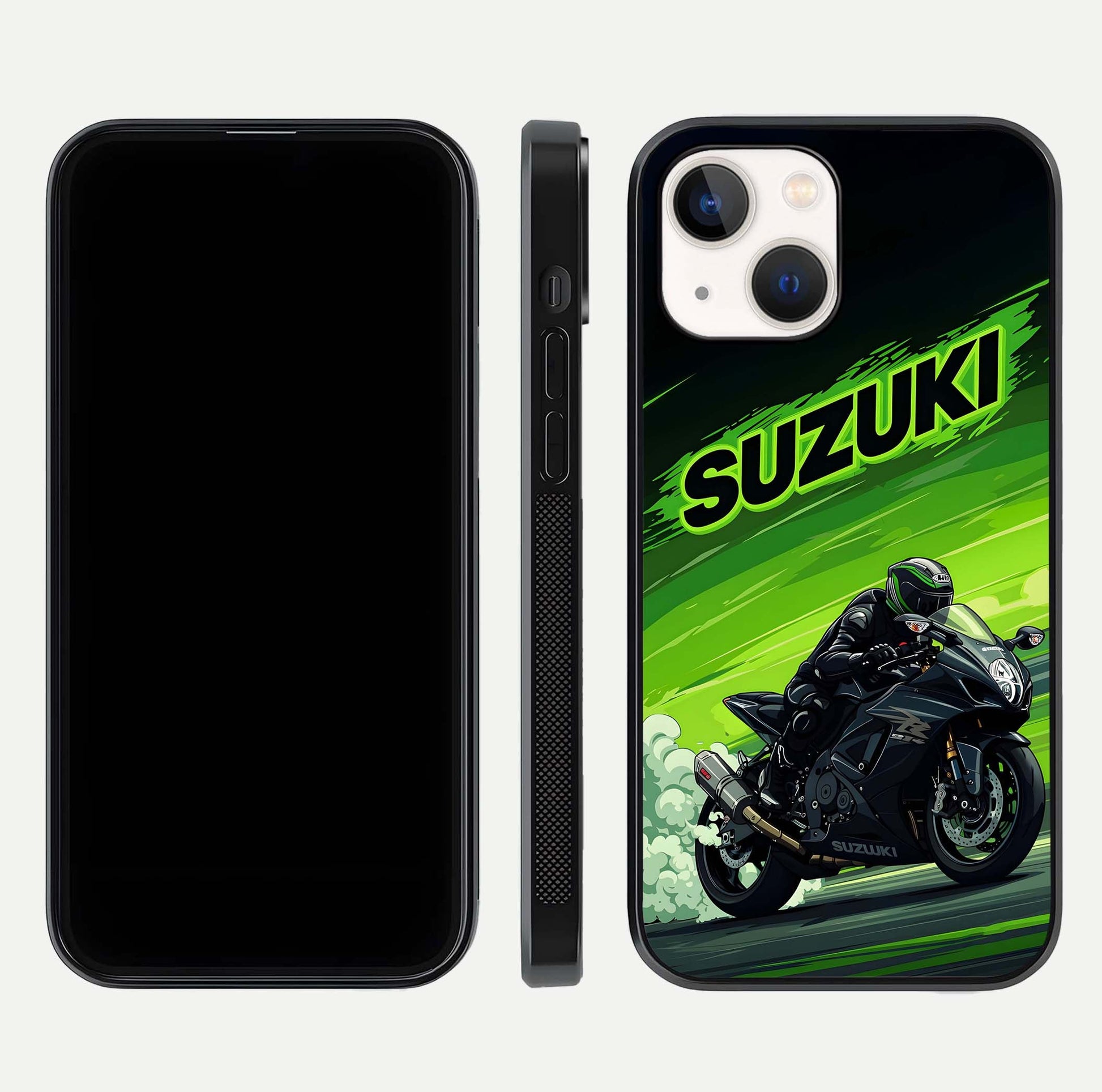 Suzuki Speed Beast Glass Case for iPhone 14 front & back layout showing motion blur and sleek edges