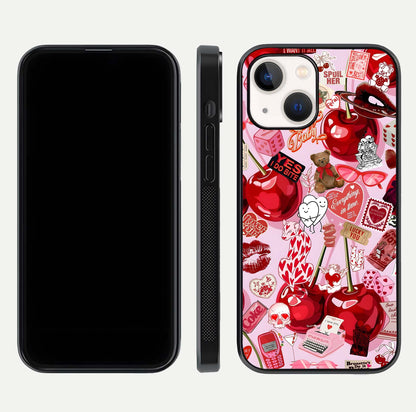 Sweet Cherry Chaos Glass Case for iPhone 14 front & back layout showing vibrant cherries and smooth edges