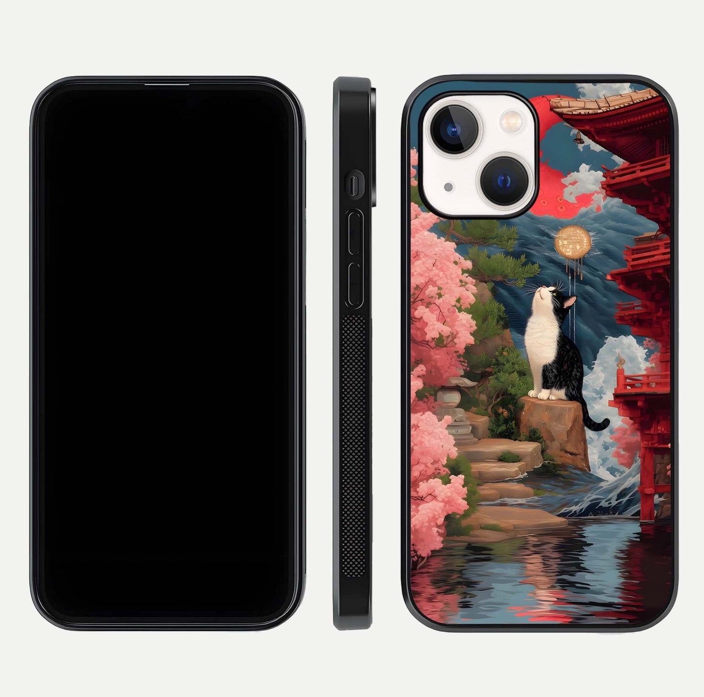 Temple Cat Scenery Glass Case for iPhone 14 front & back layout showing scenic print and edge design
