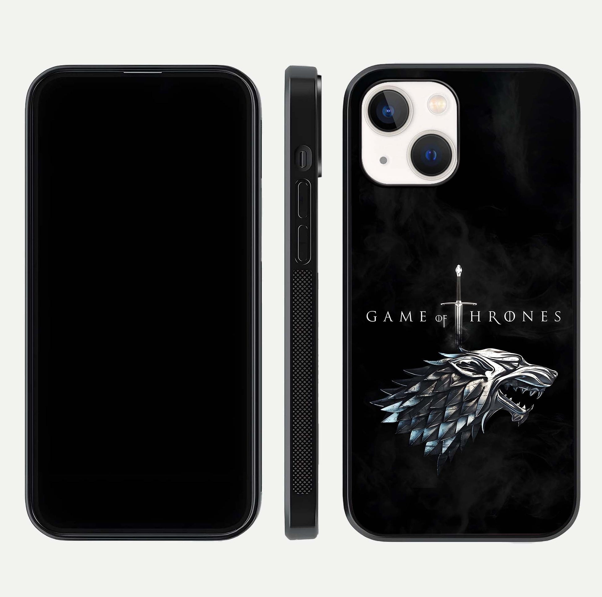 Throne Wolf Legacy Glass Case for iPhone 14 front & back layout showing bold pattern and sharp edge