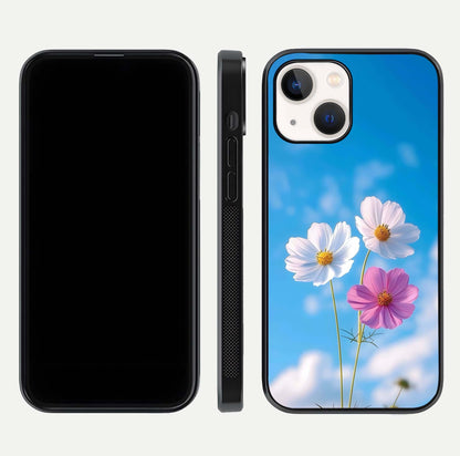 Triple Flowers With Sky Glass Case for iPhone 14 front & back layout showing vivid tones and glossy surface