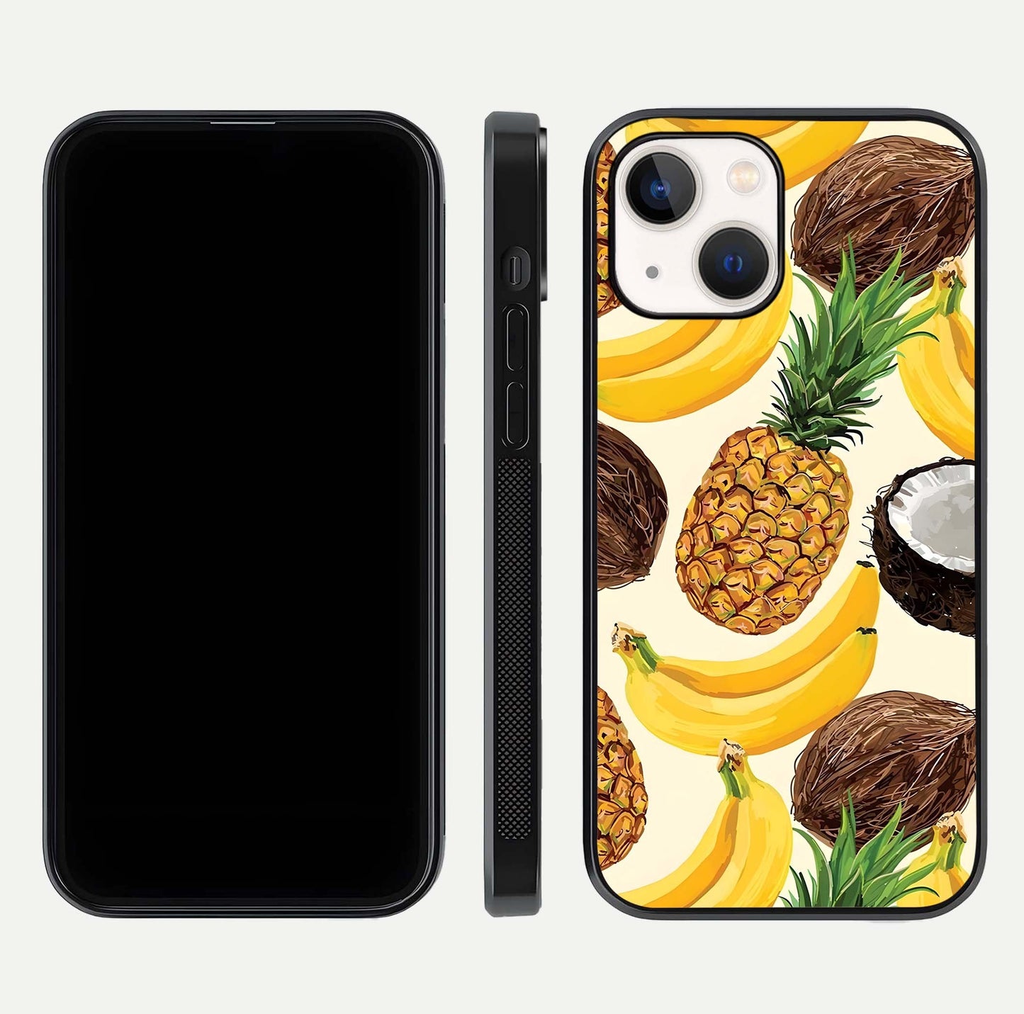 Tropical Fruit Mood Glass Case for iPhone 16 Pro front & back layout showing playful tones and clean edge