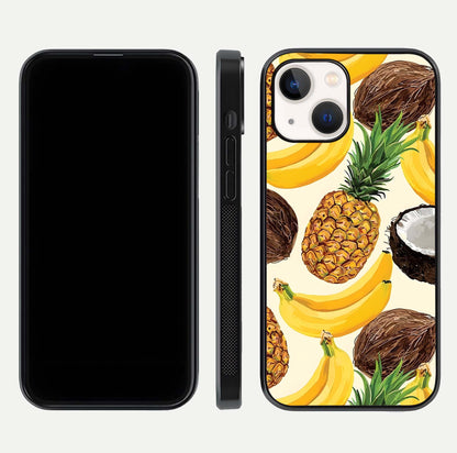 Tropical Fruit Mood Glass Case for iPhone 16 Pro front & back layout showing playful tones and clean edge