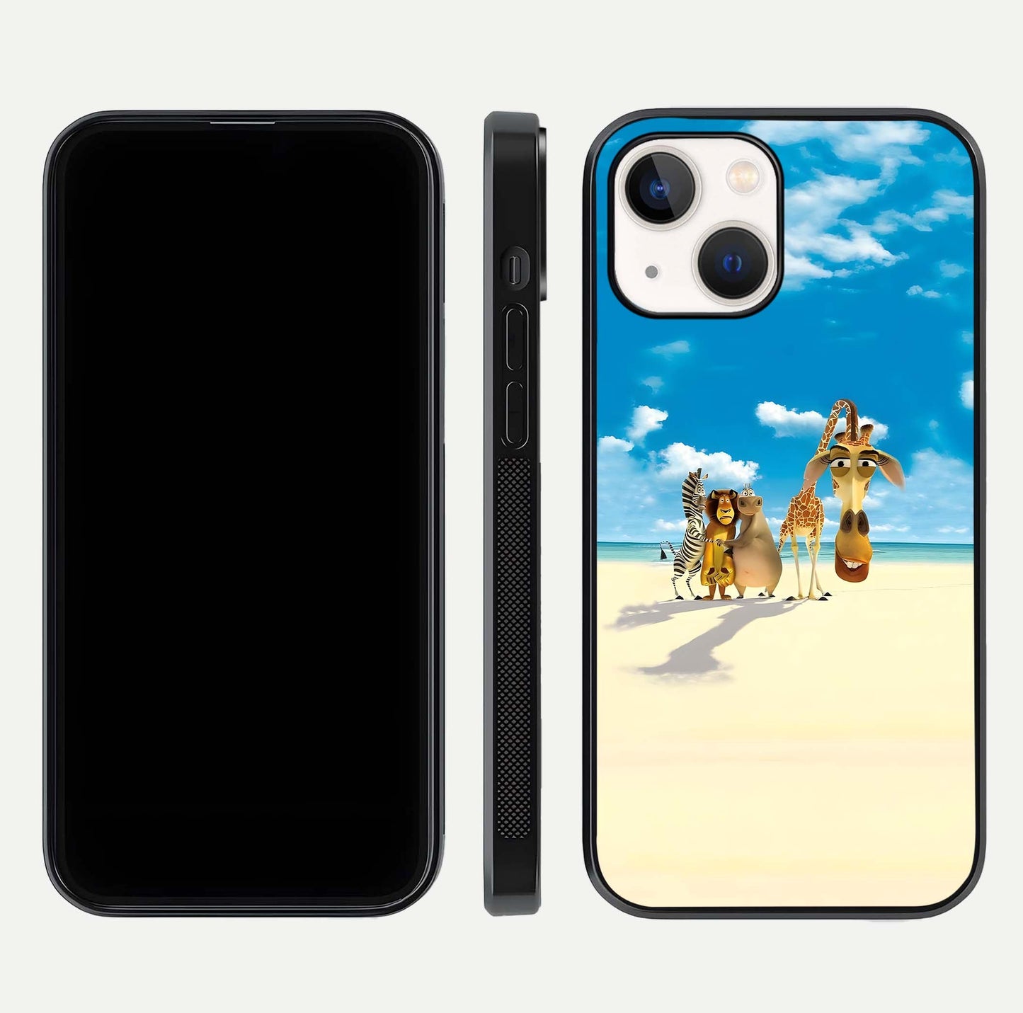 Tropical Fun Squad Glass Case for iPhone 14 front & back layout showing fun pattern and smooth edges
