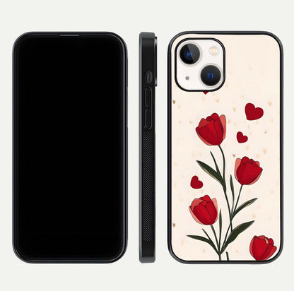 Tulip With Heart Glass Case for iPhone 14 front & back layout showing heart motif and elegant gloss finish