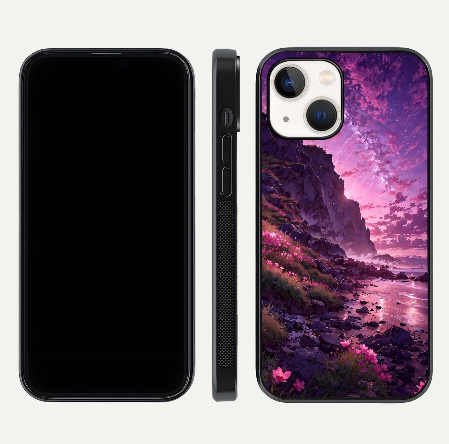 Twilight Blossom Coast Glass Case for iPhone 14 front & back layout showing floral tones and curved edge