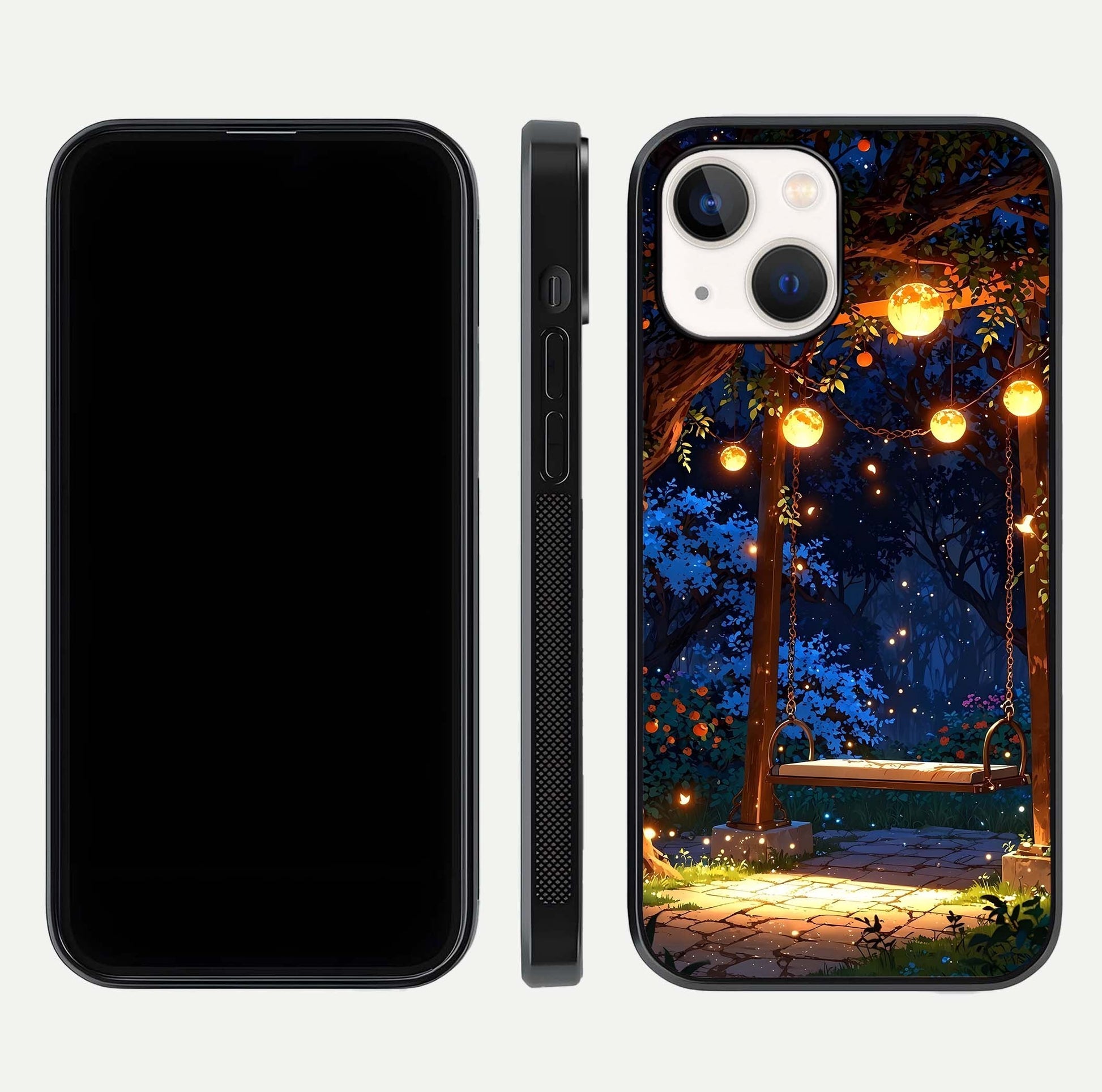 Twilight Garden Swing Glass Case for iPhone 14 front & back layout showing garden art and clean edge