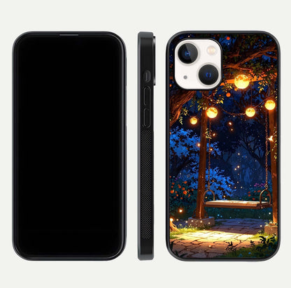 Twilight Garden Swing Glass Case for iPhone 14 front & back layout showing garden art and clean edge