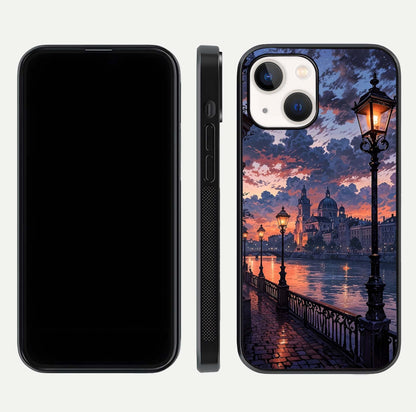 Twilight River Lights Glass Case for iPhone 16 Pro front & back layout showing scenic artwork and smooth curved edges
