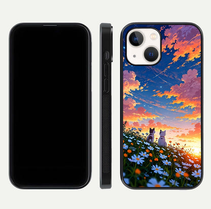 Two Cats Friends Glass Case for iPhone 16 Pro front & back layout showing friendly cat theme and edge design