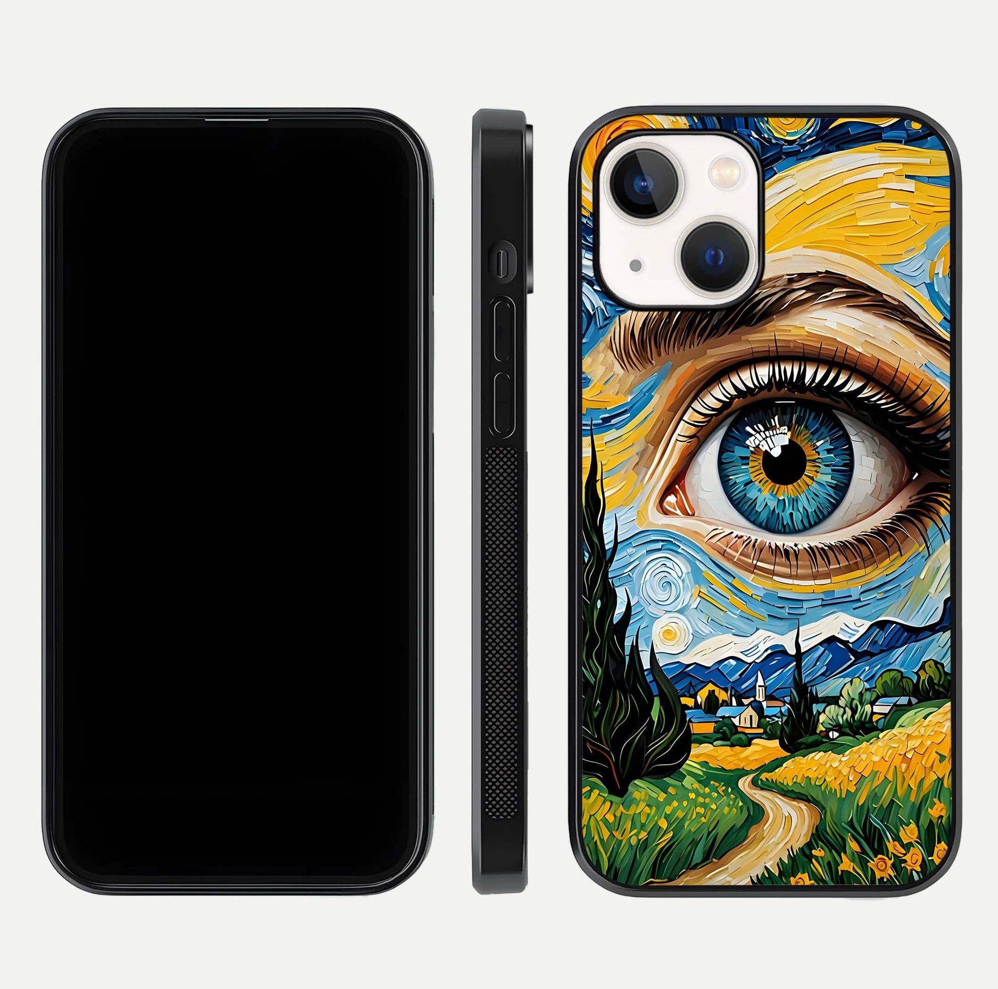 Van Gogh Eye Glass Case for iPhone 16 Pro front & back layout showing brushstroke detail and smooth finish