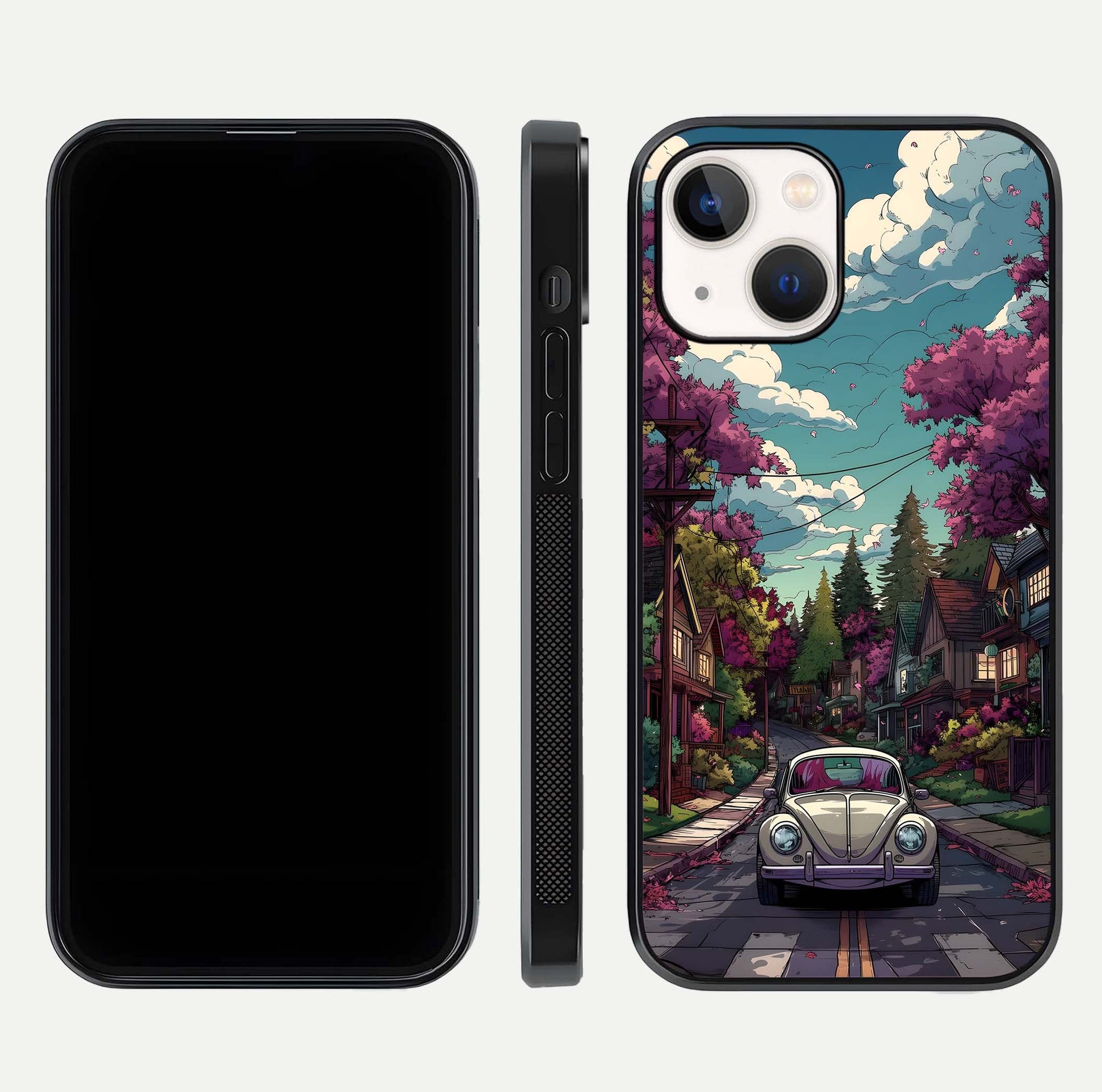 Vintage Street Drive Glass Case for iPhone 16 Pro front & back layout showing retro street scene and edges