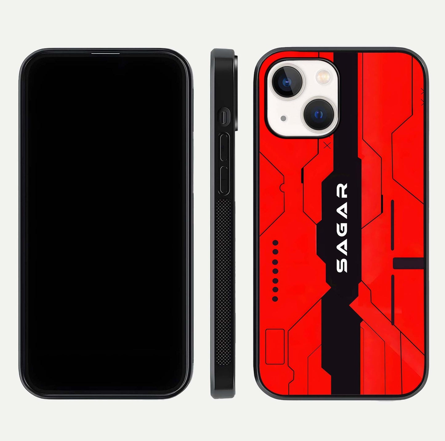 Voltage Rise CYBERPUNK Custom Name Glass Case for iPhone 14 front & back layout showing futuristic tones and sleek edge
